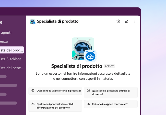 Interfaccia utente di Slack che mostra un agente specialista di prodotto predefinito.