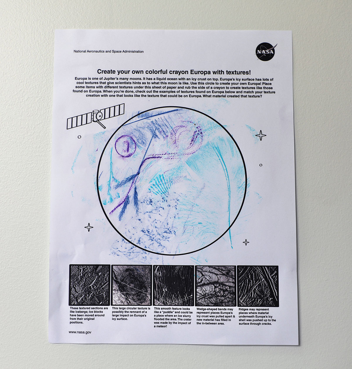 Completed Europa activity page showing various textures and colors.