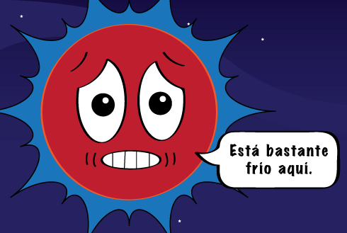 Caricatura de sol gigante rojo diciendo: Está bastante frío aquí.