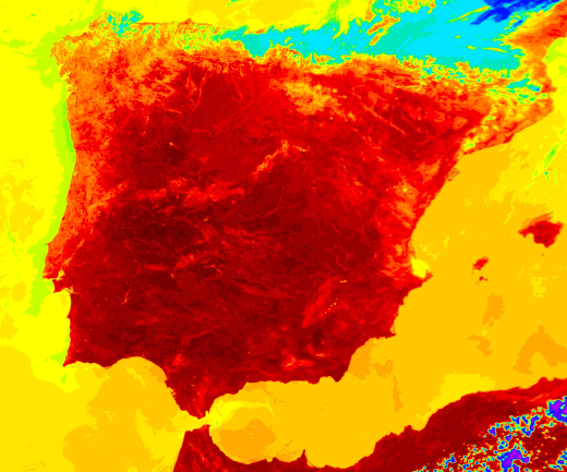 Less than a year after a devastating 2003 heat wave killed over 37,000 people across Europe, another heat wave struck the region. On July 1, 2004, this image from NASA's Moderate Resolution Imaging Spectroradiometer (MODIS) recorded land surface temperatures of 138°F (59°C) in Spain. In this false-color image, red represents the warmest temperatures, yellow is intermediate, and light and dark blue are progressively cooler. Air temperatures in both countries soared over 104°F (40°C). Three days after this image was taken, Spain set a new air temperature record for the nation: 117°F (47°C). Climate models predict more extreme weather events, including heat waves, in the coming decades due to man-made climate change.

Image taken by NASA's Moderate Resolution Imaging Spectroradiometer (MODIS) on July 1, 2004.
Credit: Jacques Descloitres and Ana Pinheiro, MODIS Rapid Response Team, NASA/GSFC.

