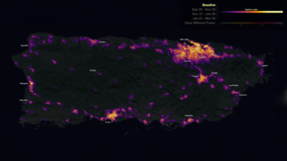 This visualization starts with a global view of hurricane Maria hitting Puerto Rico.  We then zoom in to Puerto Rico to compare the standard night lights dataset to a new, high definition version of nights lights.  After the hurricane passes over the island, we see a massive drop in night light intensity due to loss of power. After showing night light levels over several stages of hurricane recovery, we transition to a 'Days Without Power' dataset.  The camera then zooms in to several locations around the island to examine each stage of recovery in more detail. 