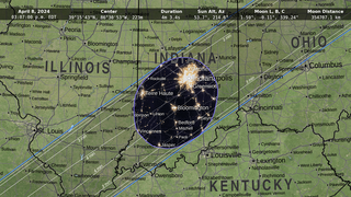 This visualization closely follows the Moon's umbra shadow as it crosses North America during the April 8, 2024 total solar eclipse. It covers the one hour and 50 minutes between 10:57 a.m. Pacific Standard Time and 4:47 p.m. Atlantic Daylight Time. Annotations include a running clock and the location of the center of the shadow. Everyone within the dark oval sees totality.