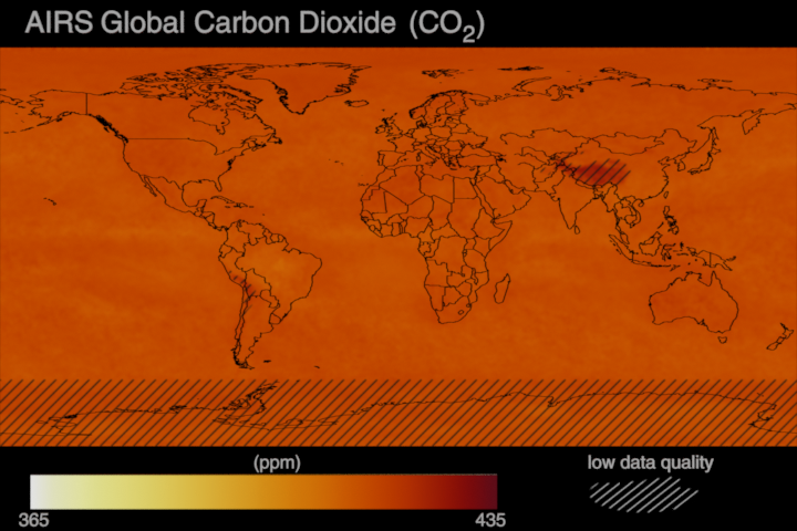 Monthly frames (720x480 resolution) of global carbon dioxide (CO₂) for the period September 2002-November 2023, showcasing data products from NASA's Aqua mission. Each frame represents a montly timestep for the period September 2002-November 2023.The CO2_60South_frames_dates_values.csv can be used to sync frame number, date and CO₂ values.