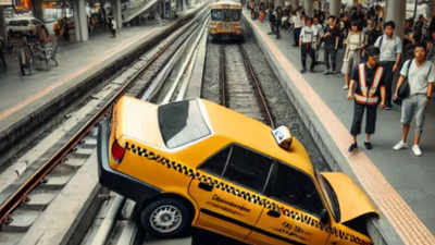 Cabbie drives car on to railway platform, lands on tracks