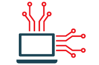 Minimalist graphic of a blue laptop with red wires spreading outwards from it.