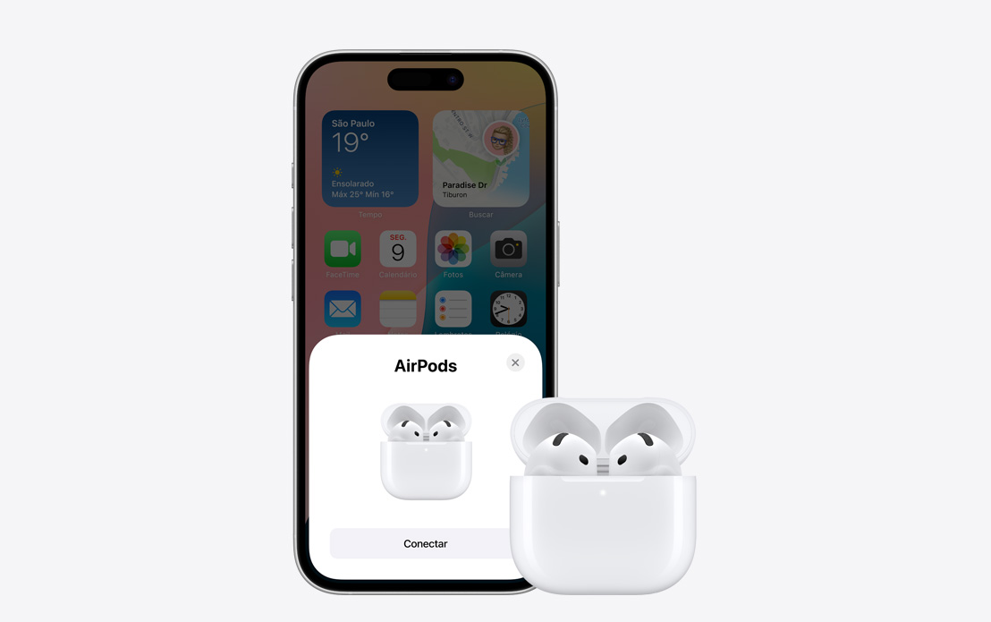 Imagem dos AirPods e iPhone com a tela mostrando que os dois estão conectados.