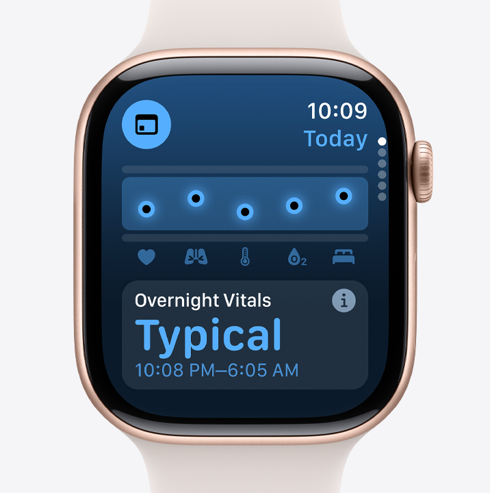 A Vitals app screen on Apple Watch Series 10 showing that the data collected overnight was typical.