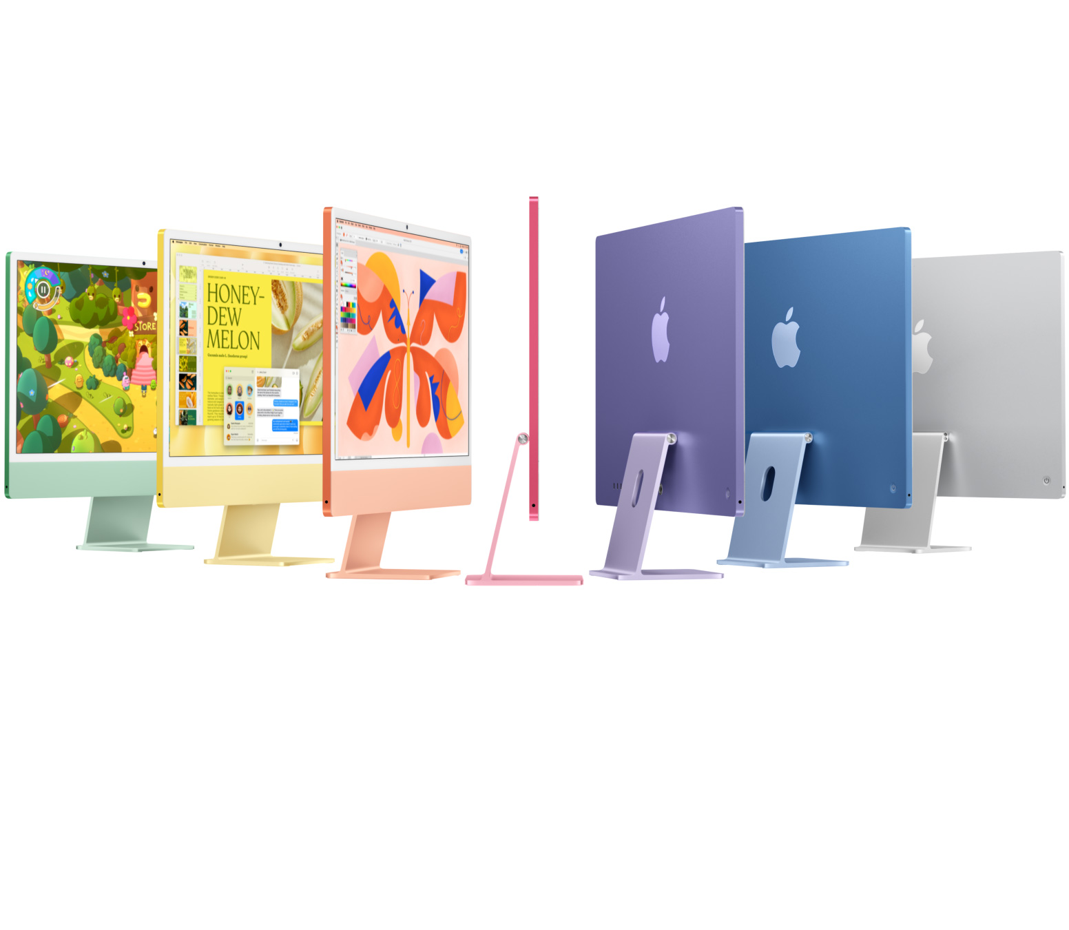 Siete computadores iMac en distintos colores (verde, amarillo, naranja, rosado, morado, azul y color plata) organizados como un acordeón