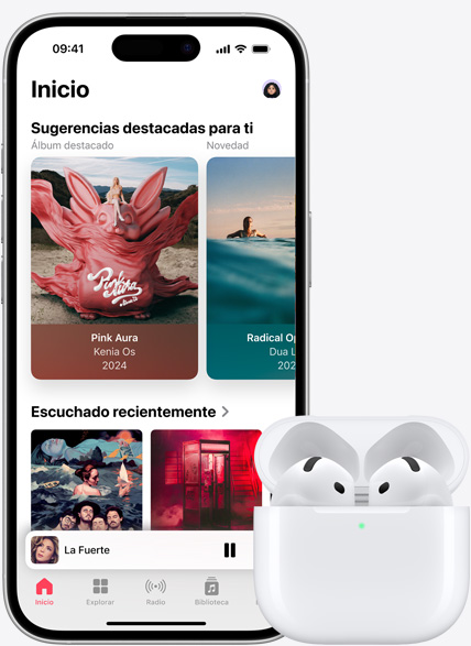 Un iPhone 16 que reproduce música junto a unos AirPods