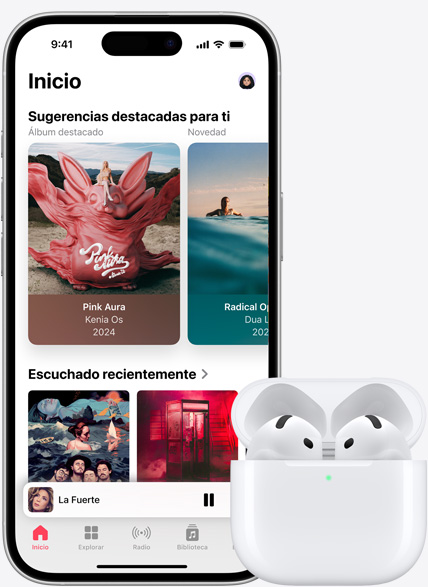 Un iPhone 16 que reproduce música junto a unos AirPods