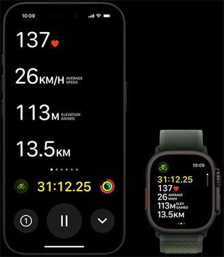 Live Activity kuvab isiku jalgrattasõidu näitajaid nii Apple Watch Ultra 2 kui ka iPhone'is.