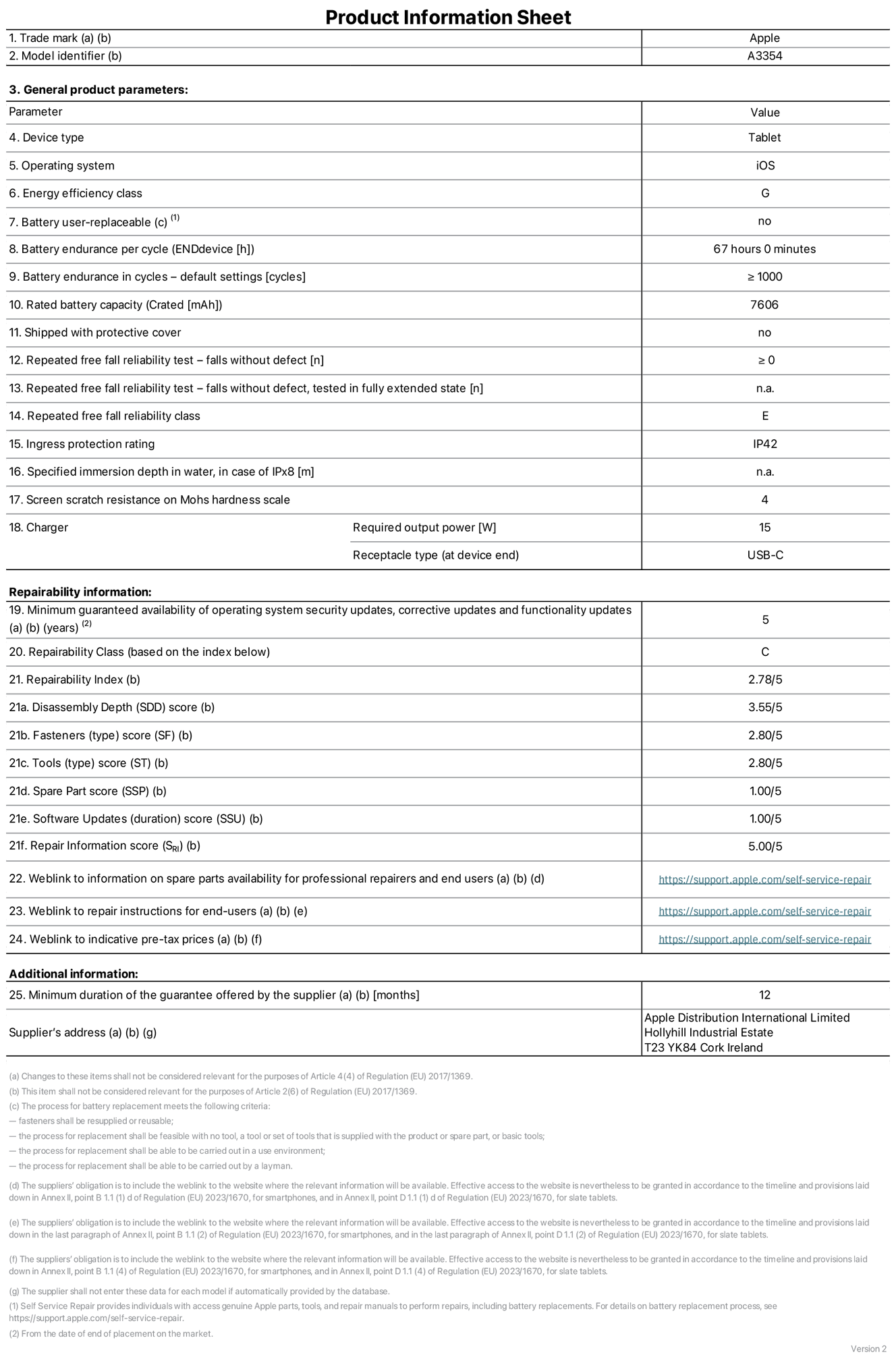 Product information sheet for iPad Wi-Fi, model A3354. Supplied by Apple Distribution International Ltd, Hollyhill Industrial Estate. Cork, Ireland, T23 YK84. Device type: tablet. Operating system: iOS. Energy efficiency class: G. Battery user-replaceable: no. Battery endurance: 67 hours. Battery endurance in cycles: greater than or equal to 1,000. Rated battery capacity: 7,606 milliampere-hours. Repeated free fall reliability test - falls without defect: greater than or equal to 0. Repeated free fall reliability class: E. Ingress protection rating: IP42. Screen scratch resistance on Mohs hardness scale: 4. Charger required output power: 15 watts. Charger receptacle type: USB-C. Minimum guaranteed availability of operating system security updates, corrective updates and functionality updates: 5 years. Repairability Class: C. Repairability Index: 2.78/5. Disassembly Depth score: 3.55/5. Fasteners score: 2.80/5. Tools score: 2.80/5. Spare Part score: 1.00/5. Software Updates score: 1.00/5. Repair Information score: 5.00/5. Weblink to information on spare parts availability for professional repairers and end-users: https://support.apple.com/self-service-repair. Weblink to repair instructions for end-users: https://support.apple.com/self-service-repair. Weblink to indicative pre-tax prices: https://support.apple.com/self-service-repair. 12-month general guarantee offered.
