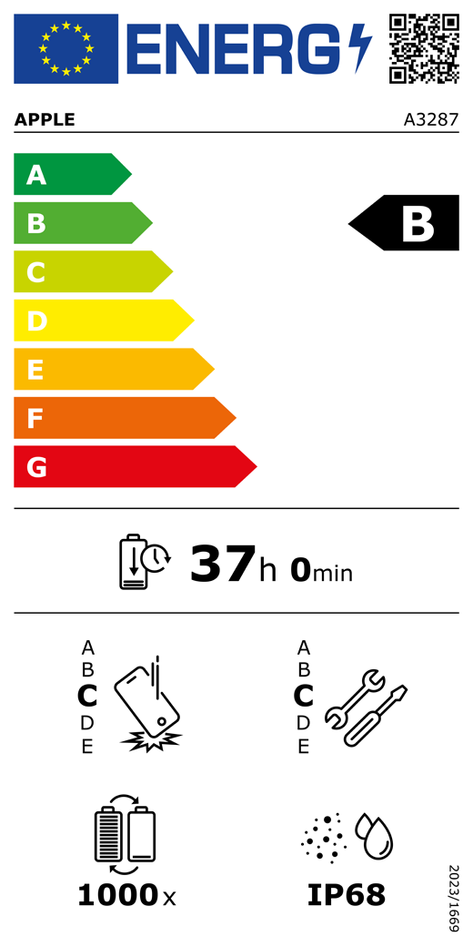 EU Energy Label QR code and information, Apple model A3287, class B, energy efficiency classes (with a scale from A to G), A (most efficient) to G (least efficient), battery endurance per cycle, 37 hours and 0 minutes per full battery charge, repeated free fall reliability class C, A (most robust) to E (least robust), repairability class C, A (most repairable) to E (least repairable), 1000 battery endurance in cycles, dust and water ingress protection (IP) rating IP68, regulation 2023/1669.