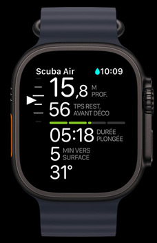 Apple Watch Ultra 2 affichant l’app Oceanic+.