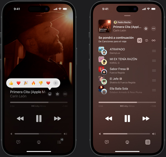 Un iPhone a la izquierda muestra en la pantalla que se está reproduciendo la canción “Don't Do Me Good”, de Madi Diaz y Kacey Musgraves, y diferentes opciones de emojis para reaccionar: pulgar hacia arriba, corazón, celebrar, pulgar hacia abajo y el signo más para agregar otra reacción. Un iPhone a la derecha muestra una playlist colaborativa llamada Road Trip Playlist con varias canciones agregadas por otras personas