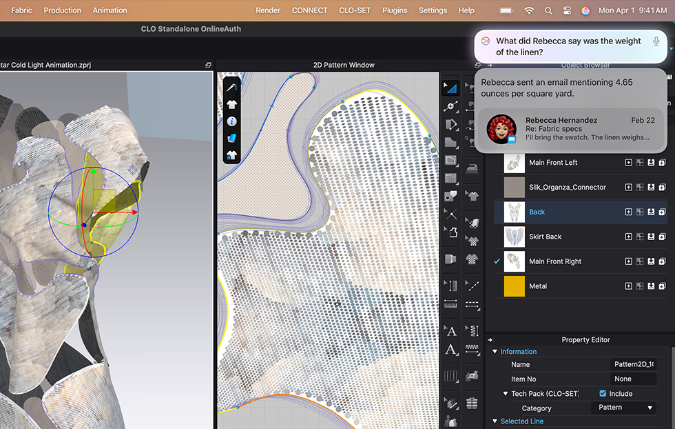 User works on a garment in CLO 3D fashion design app — Siri has delivered a response from ChatGPT to their question about sustainable hemp varieties