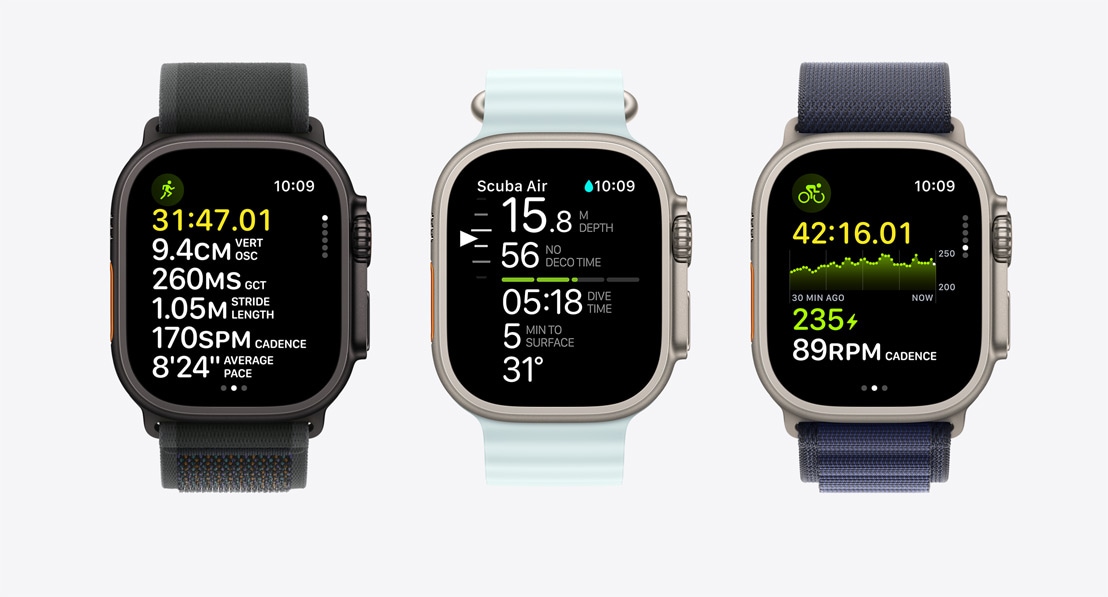 Three Apple Watch screens showing fitness metrics. One for running, one for scuba, and one for cycling.