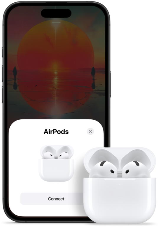 Atvērta uzlādes kārbiņa ar AirPods 4, kam blakus ir iPhone, kurā redzams, ka AirPods 4 ir savienotas.