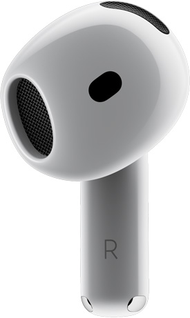 AirPods 4 rāda AirPod no priekšpuses, norādot, ka tā ir lieta, kas der.