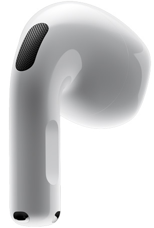 AirPods 4 rāda AirPods 4 no aizmugures, norādot uz kājiņu.