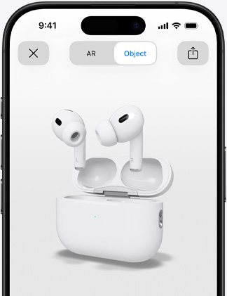 iPhone ekrānā ir redzamas AirPods Pro paplašinātās realitātes skatā.