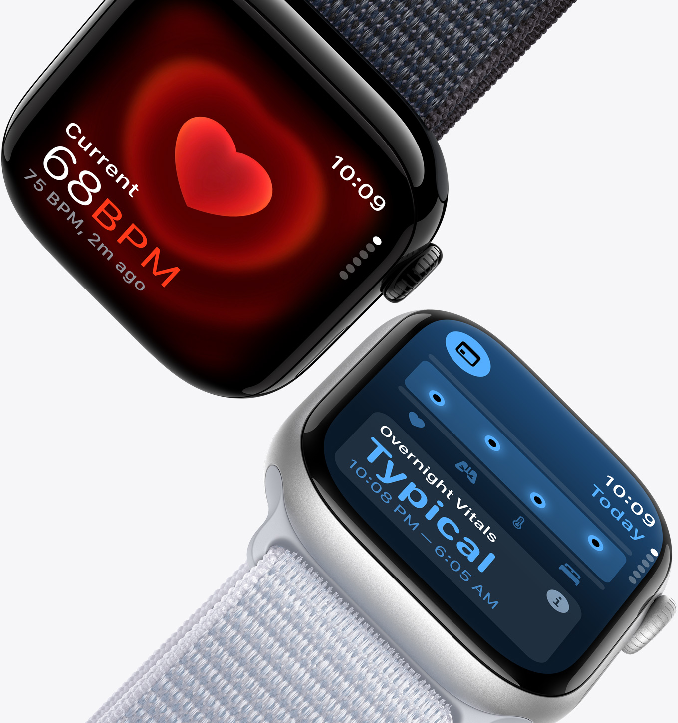 „Apple Watch Series 10“ programa „Heart Rate“ rodo pulso rodmenį 68, o „Apple Watch Series 10“ programa „Vitals“ rodo būdingus nakties sveikatos duomenis.