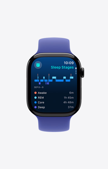 Sleep Stages within the Sleep app showing how much time someone spent awake and in REM, core, and deep sleep.