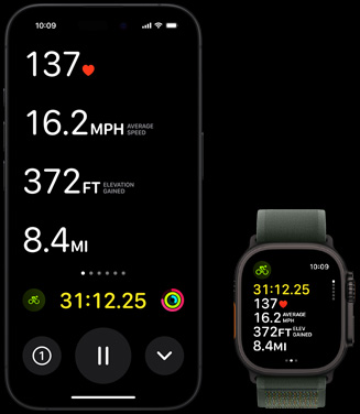 En liveaktivitet med cykelmålinger for en person vises både på personens Apple Watch Ultra 2 og på personens iPhone.