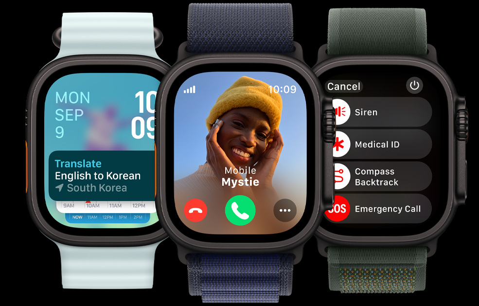 Three Apple Watch Ultra displays. One with the Translate app. Another with an incoming call. And the last with Siren, Medical ID, Backtrack, and Emergency call icons.