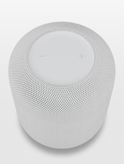 Un HomePod blanco en la pantalla de un iPhone con realidad aumentada.