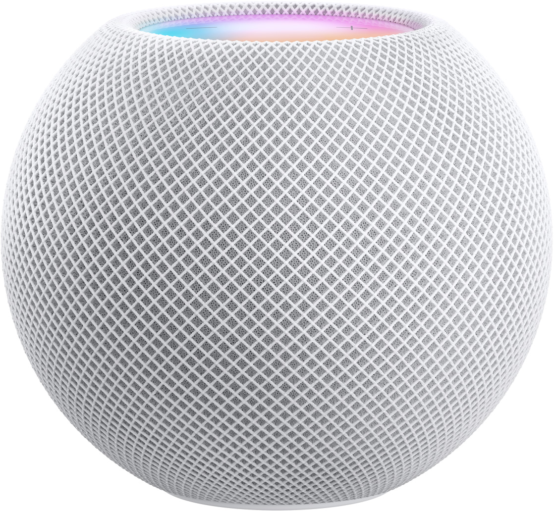 White HomePod mini with colourful top cap just visible over the edge.