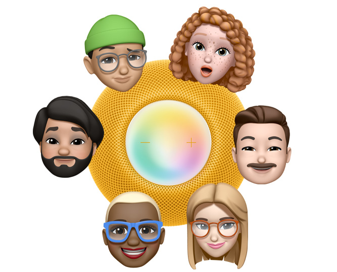 Six different Memoji faces encircle a top view of a yellow HomePod mini. Three characters say “Hey, Siri” in blue speech bubbles.