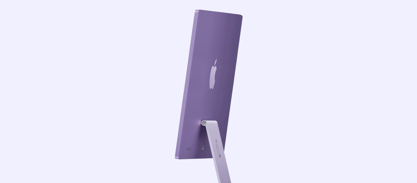 Vista en ángulo de un iMac morado en posición vertical