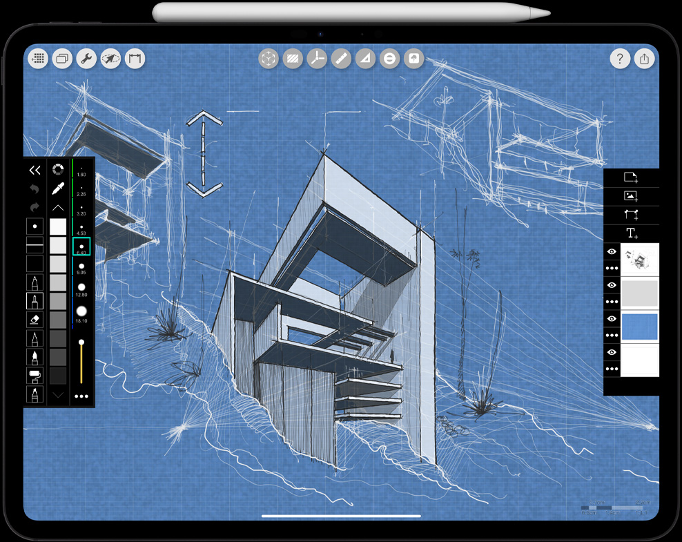 Vandret position, Apple Pencil Pro fastgjort på en iPad Pro, arkitekttegning på skærmen