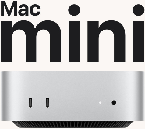 銀色 Mac mini 的正面，展示正面的連接埠與指示燈。