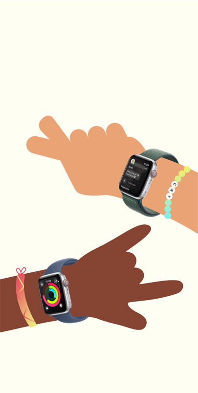 Illustration of two children's hands. Each is wearing an Apple Watch SE. Click the plus button to see more information on Apple Watch For Your Kids features.