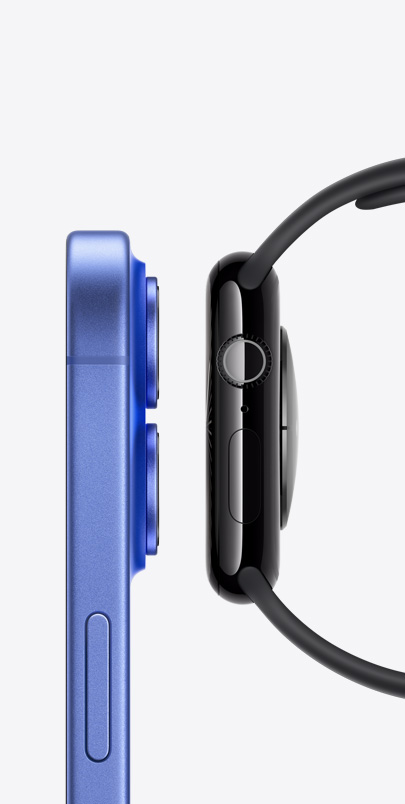 Blakus novietotu iPhone 16 un Apple Watch Series 10 sānskats. Noklikšķini uz plus pogas, lai skatītu plašāku informāciju par Apple Watch un iPhone funkcijām.