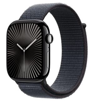 Die Apple Watch Series 10 mit einem Aluminiumgehäuse in Diamantschwarz und dem Sport Loop Armband in Tinte.