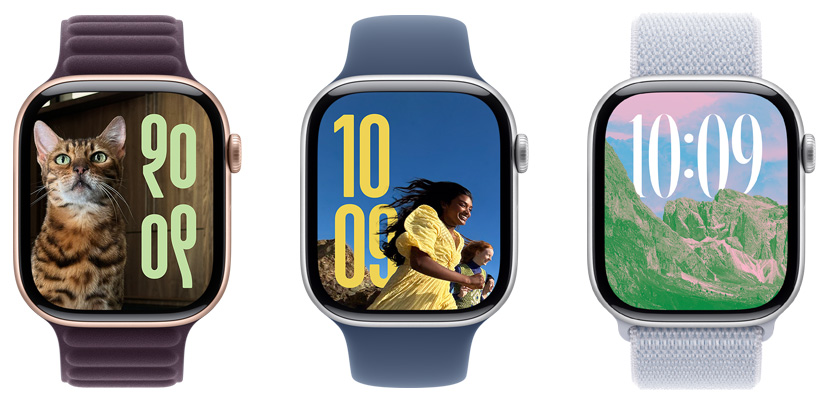 Three photo faces on Apple Watch hardware display varying imagery, time size, and language script