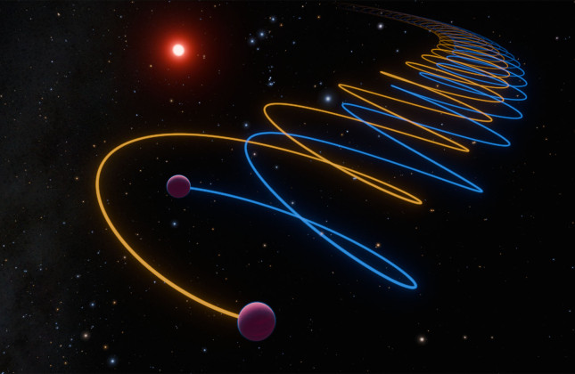 Artist’s impression van de bruine dwergen Gliese 229Ba en Gliese 229Bb, die op geringe afstand om elkaar wentelen. De twee bruine dwergen cirkelen op hun beurt in een baan om een koele rode dwergster. © K. MILLER, R. HURT (CALTECH/IPAC)