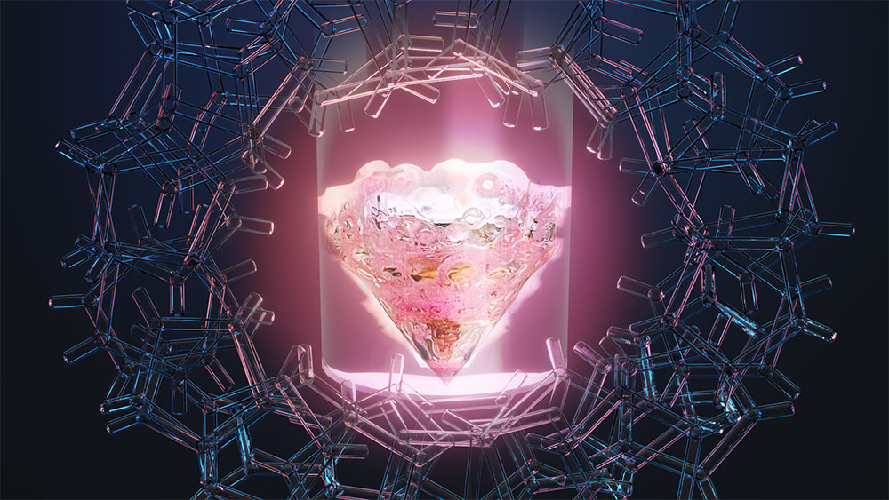 Conceptual art shows the rare earth element promethium in a vial surrounded by an organic ligand