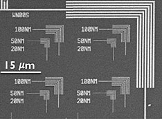 A scanning electron microscope (SEM) image of silicon elbow-shaped nanopatterns with different featu