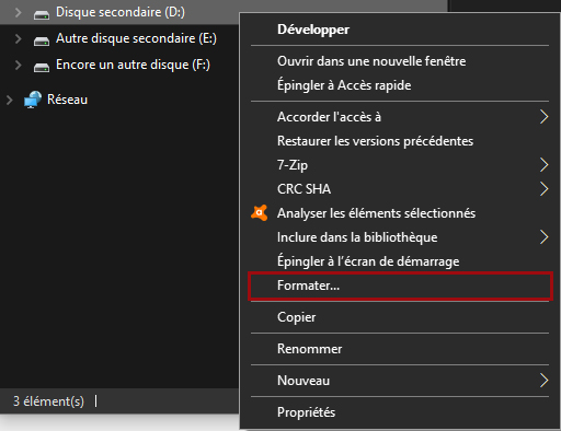 Menu contextuel - Disque dur - Windows