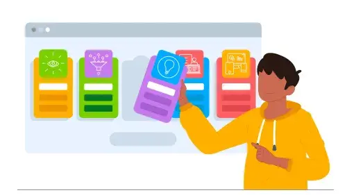 Illustration of a person selecting one of five cards that represent the phases of human-centered design. 