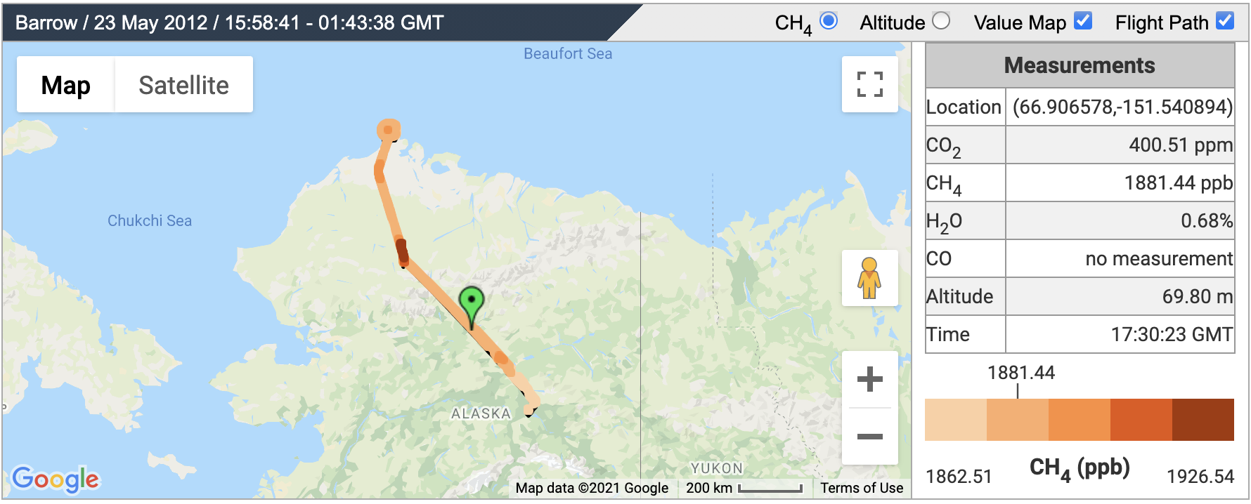 Visualize carbon dioxide, methane, and water vapor data from CARVE flights using the CARVE data visualizer.