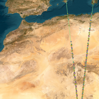 true-color image of north africa and the strait of gibraltar with two green lines on right indicating ICESat-2 orbit; colored dots on green line indicate available data