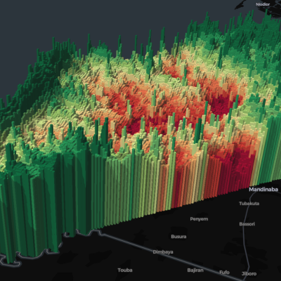 Square image of colored rods of different sizes overlaid on a map; green rods on sides with red/yellow rods in center of image