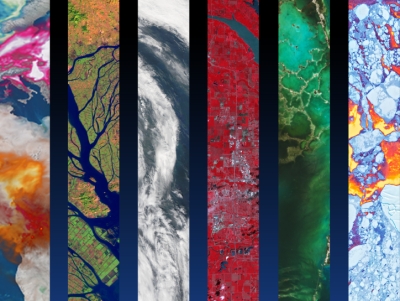 six vertical bands showing various satellite images