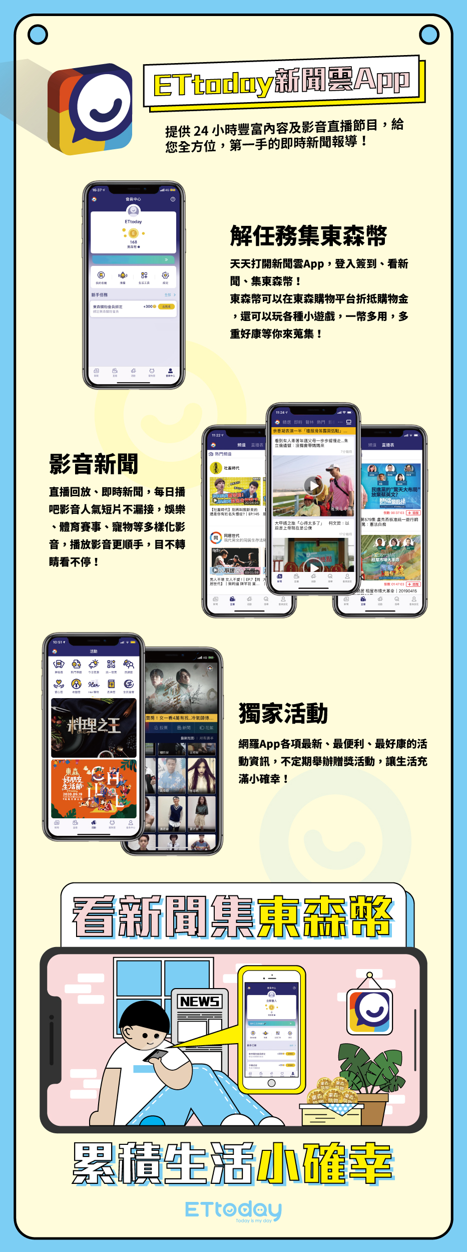 ETtoday新聞雲APP全新改版，提供24小時豐富內容及影音直播節目，給您全方位，第一手的即時新聞報導！解任務集東森幣，天天打開新聞雲APP，登入簽到、看新聞、集東森幣！東森幣可以在東森購物平台折抵購物金，還可以玩各種小遊戲，一幣多用，多重好康等你來蒐集！影音新聞，直播回放、即時新聞，每日播吧影音人氣短片不漏接，娛樂、體育賽事、寵物等多樣化影音，播放影音更順手，目不轉睛看不停！獨家活動，網羅APP各項最新、最便利、最好康的活動資訊，不定期舉辦贈獎活動，讓生活充滿小確幸！