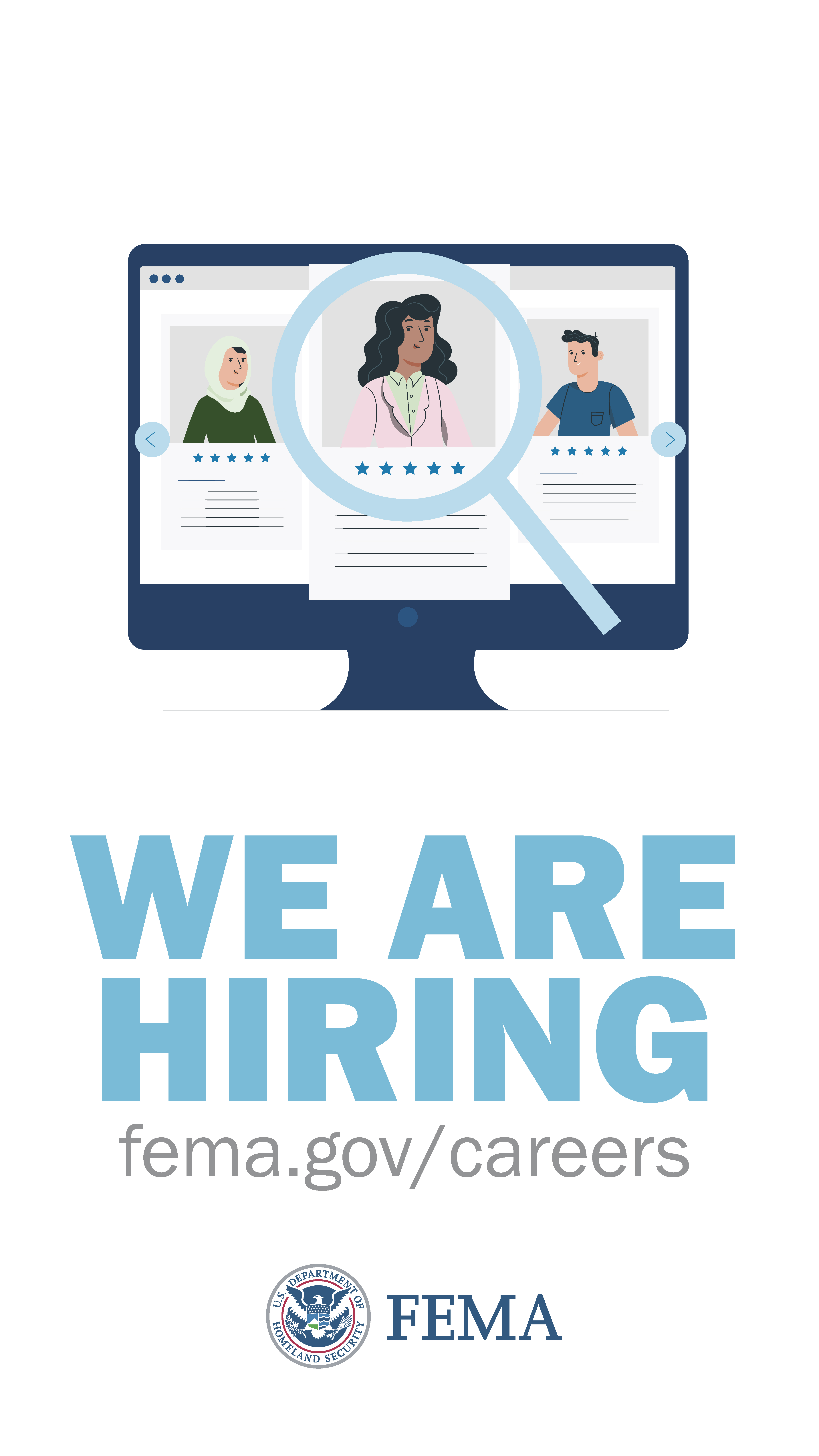 We Are Hiring fema.gov/careers with FEMA logo